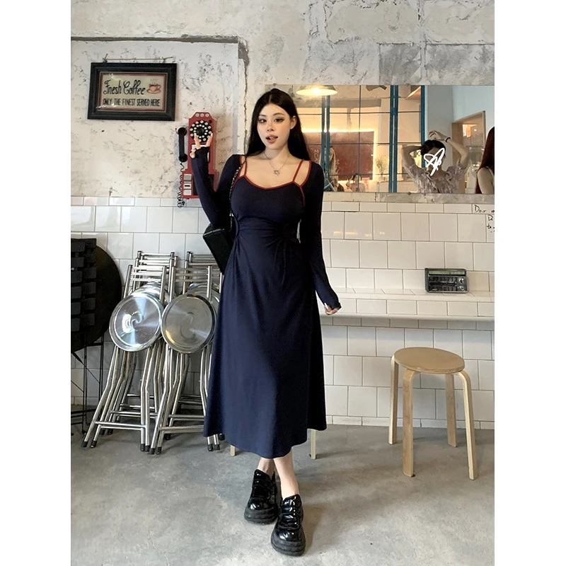 黑泽玄七微胖mm2023夏季新款高腰抽褶连衣裙两件套女98233L1407