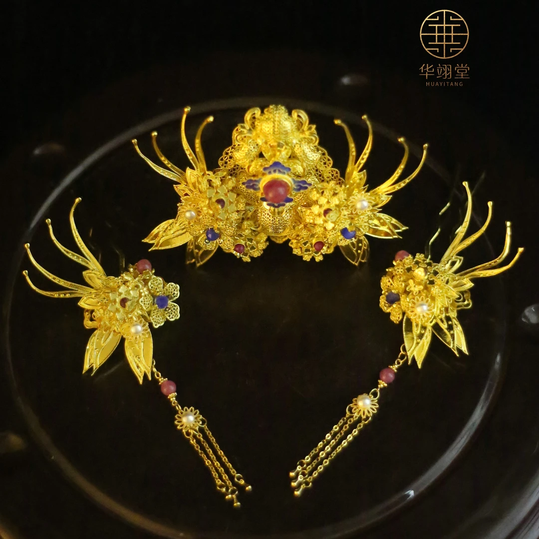 铜合金婚庆饰品  华翊堂原创铜镀金仿花丝镶嵌宝石物华天宝冠套装