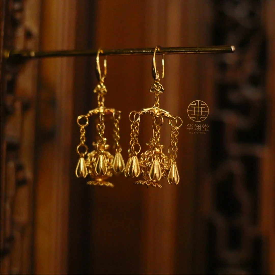 铜合金婚庆饰品 华翊堂原创设计仿花丝镀金工艺耳勾耳夹两款花灯