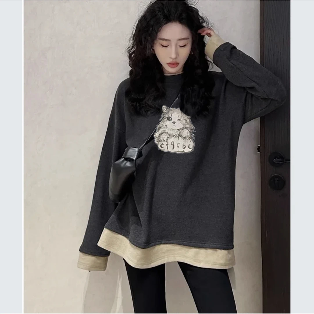 2024秋季新款慵懒风撞色假两件套头打底衫女胖mm时尚洋气百搭上衣