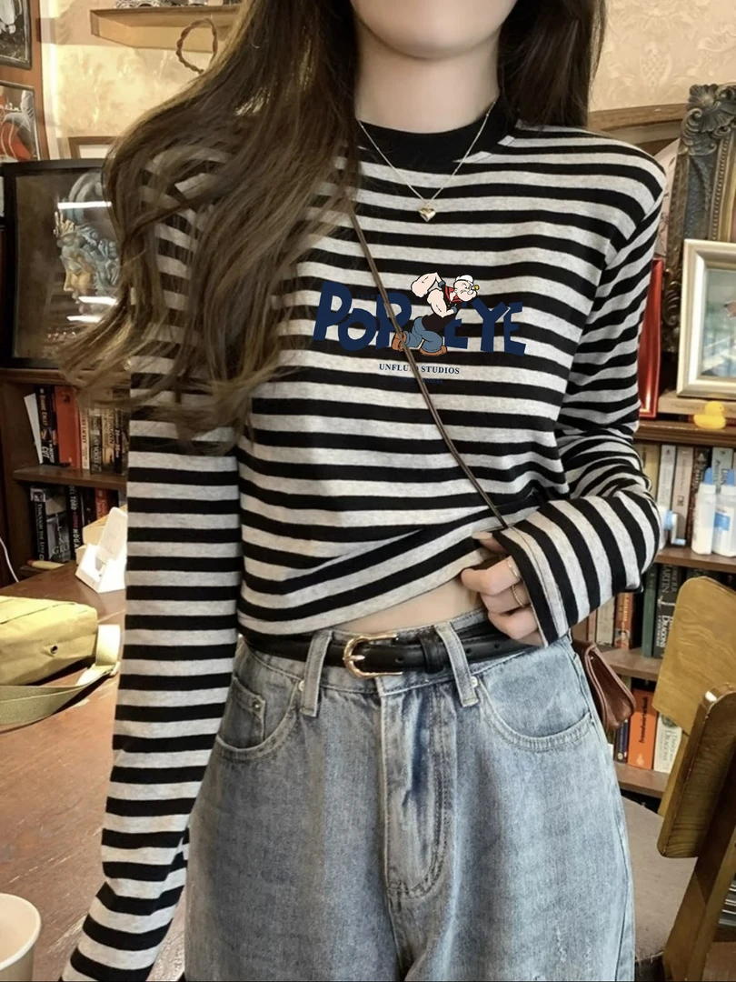 秋冬撞色条纹小个子内搭显瘦短款上衣体恤打底衫女装长袖正肩t恤
