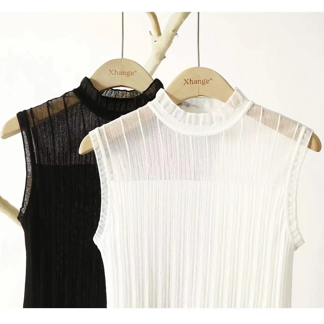 新款百搭洋气女背心打底衫无袖镂空蕾丝花边领时尚经典白色背心女