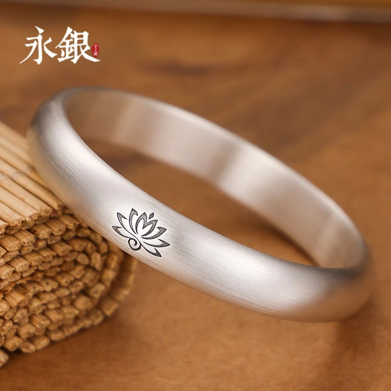 足银手镯 定制纯银手镯女古法足银999实心闭口素圈30-40岁银手镯