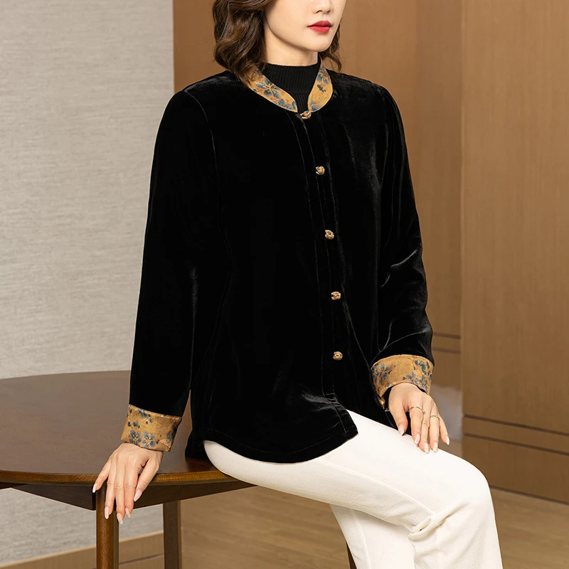 珂影依复古黑色丝绒外套女春秋新款拼接立领长袖宽松洋气妈妈上衣