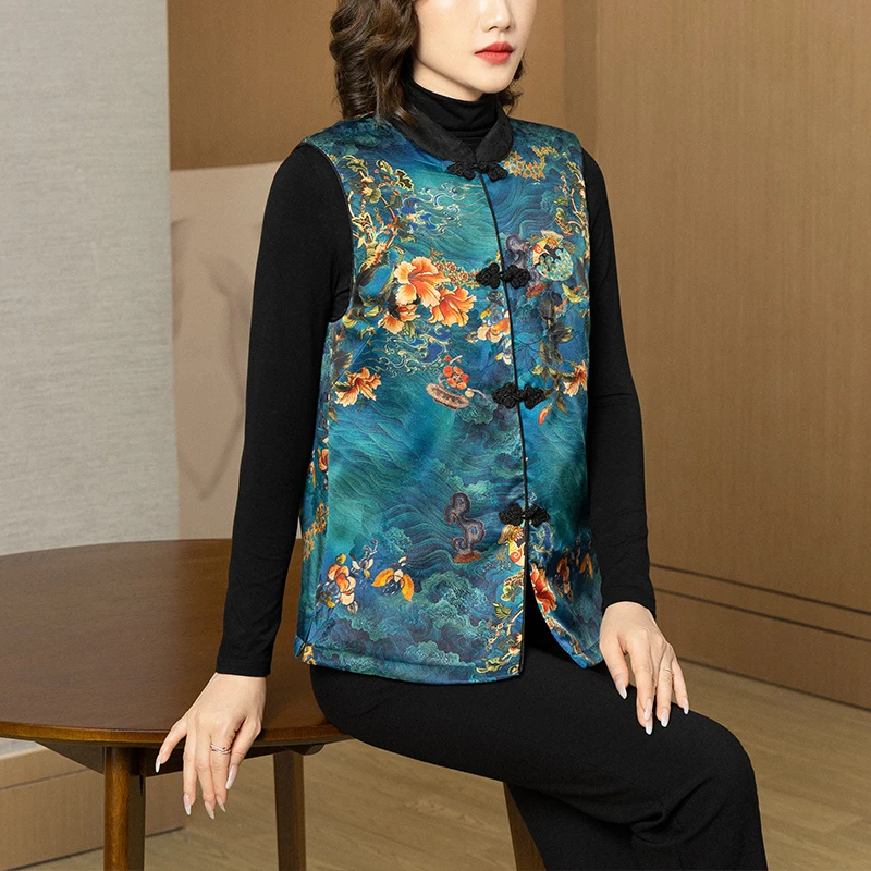 珂影依宽松棉马甲女秋冬款时尚印花复古盘扣立领洋气妈妈马夹背心