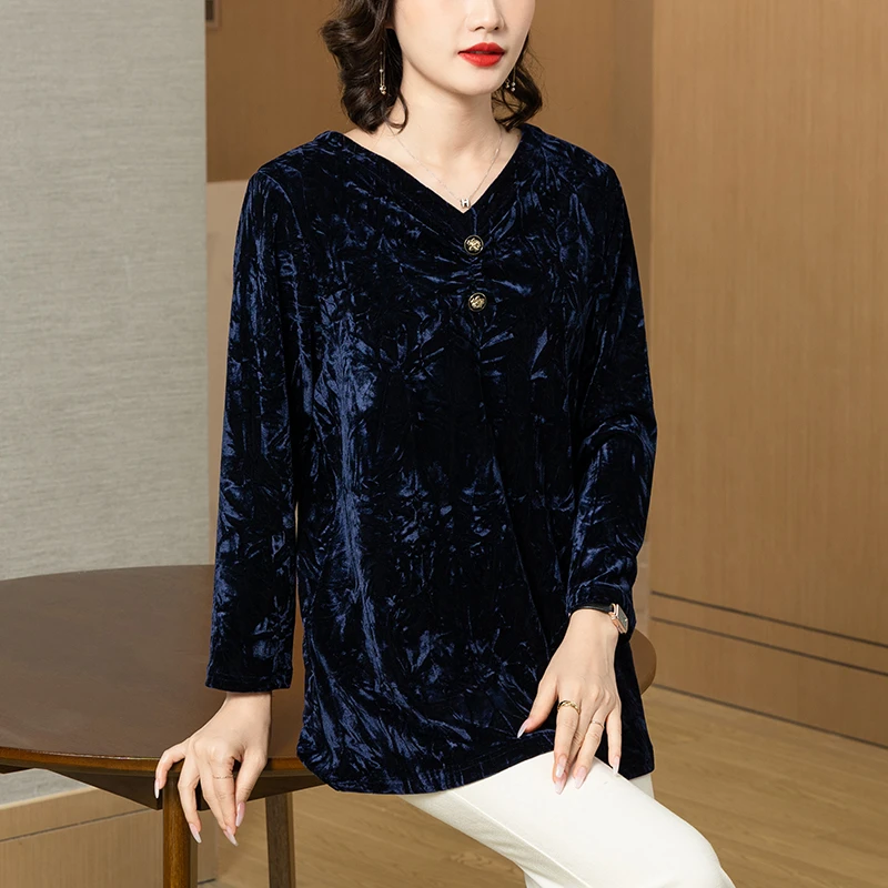 珂影依宽松丝绒上衣女秋季款蓝色气质V领长袖洋气妈妈衬衫中长款