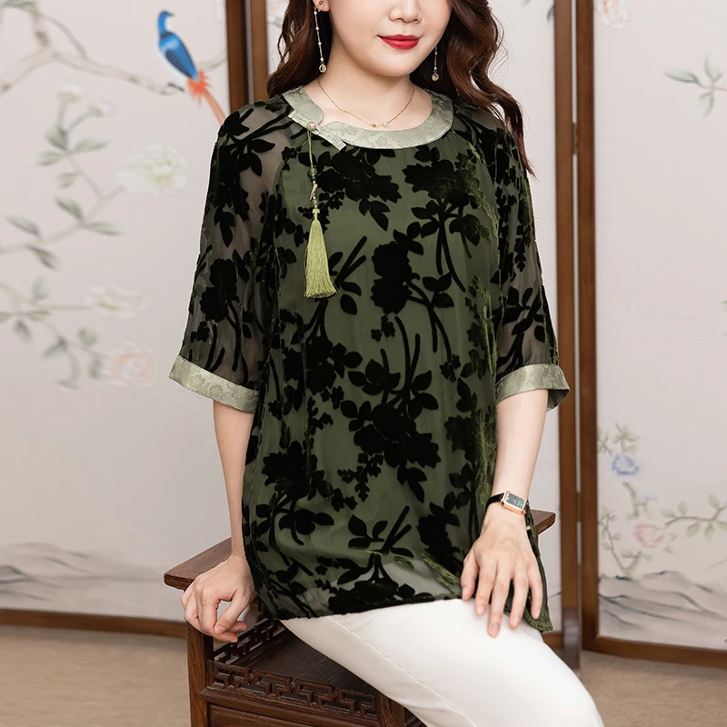 珂影依珂影依大码丝绒上衣女春秋新款烧花中袖复古中老年妈妈衬衣