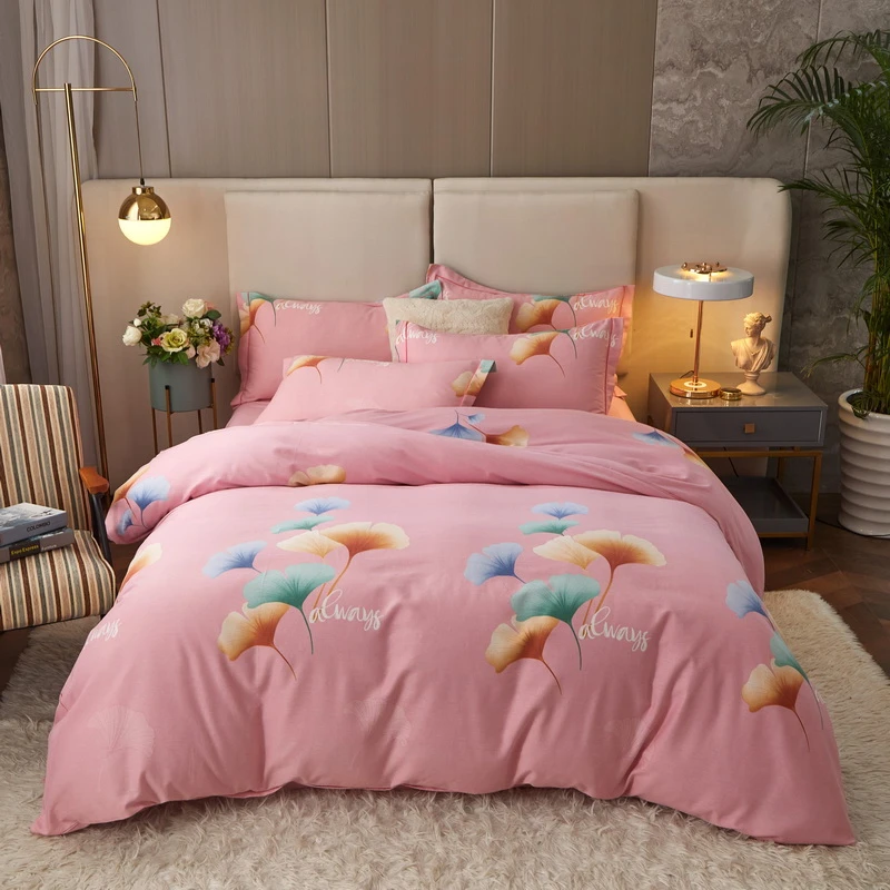 新款100%纯棉花卉款秋冬全棉斜纹磨毛双面印花双人被罩四件套