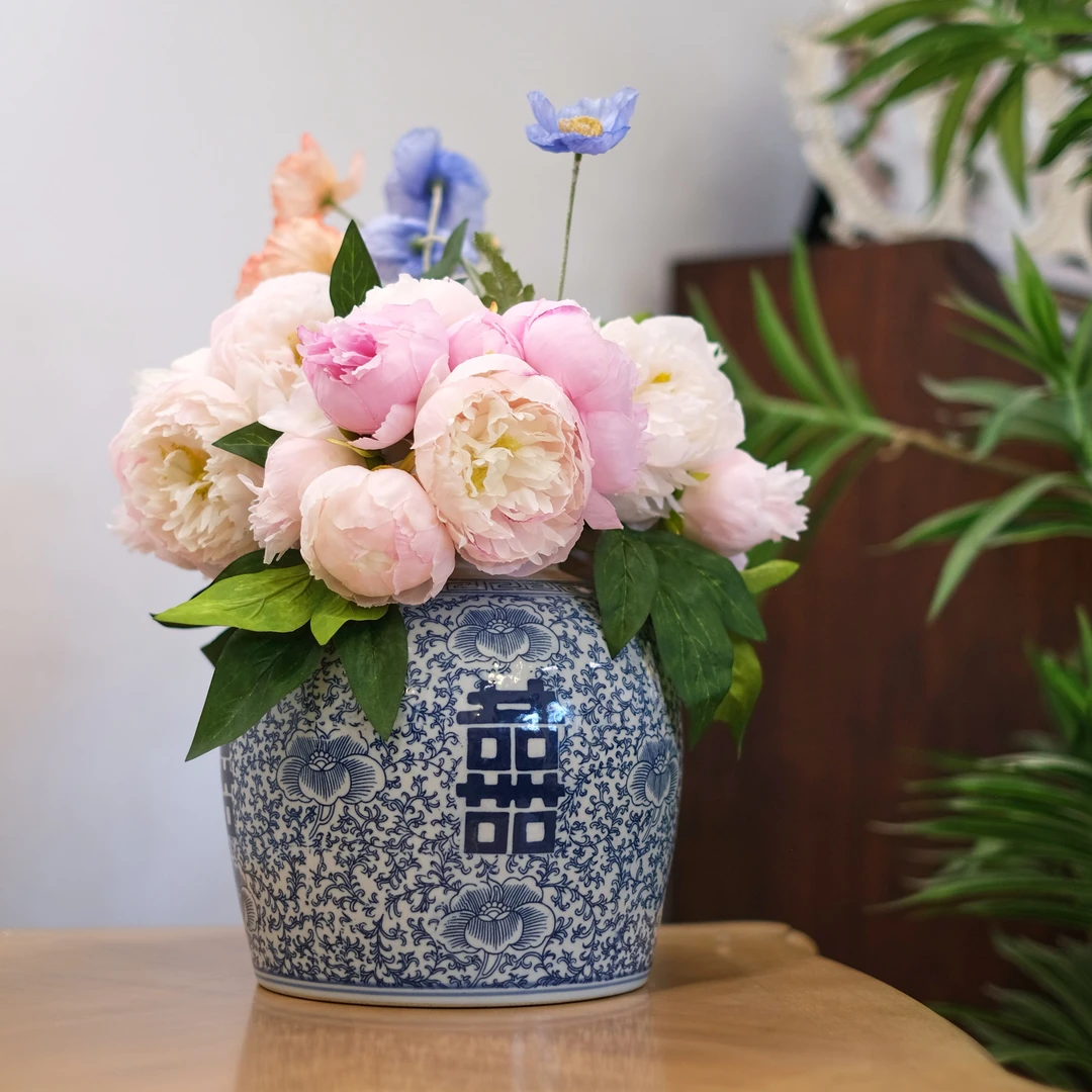 经典喜字罐手工拉胚釉下彩青花瓷罐插花花瓶桌面摆件