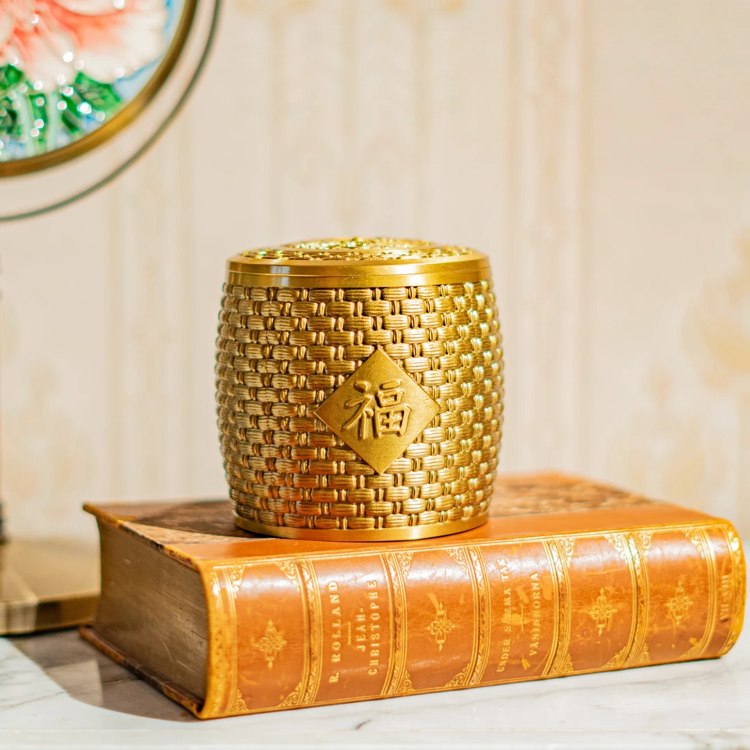 新中式创意复古浮雕工艺福字粮仓家用黄铜茶叶罐收纳罐装饰摆件