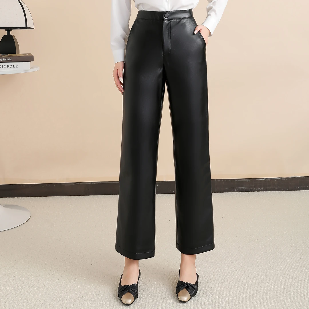 【纯皮皮裤女】2025新春特惠新款高腰修身显瘦直筒裤百搭羊纹长皮裤