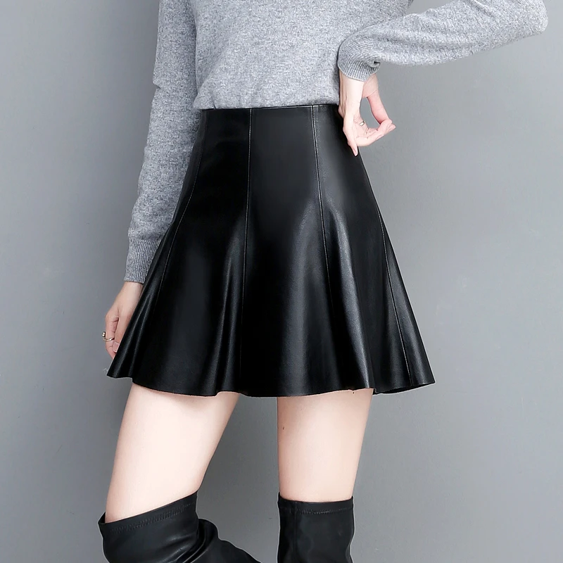 纯皮皮裙女！2024秋季新款短款荷叶边羊纹皮伞裙高腰显瘦皮裙