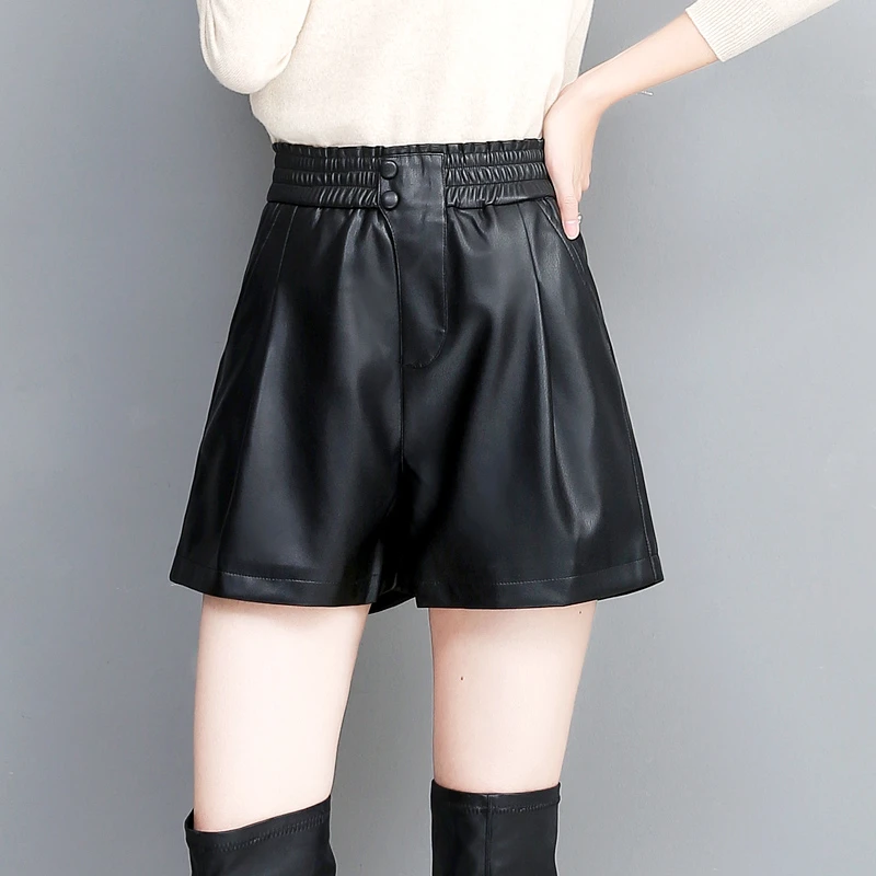 【纯皮皮裤女】2025春夏新款修身显瘦短裤百搭热裤高腰时尚阔腿