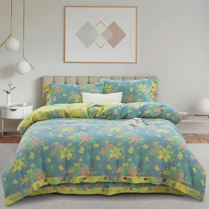 【百合颂-灰黄】高工艺A类色织全棉双层纱夏四件套柔软居家柔软四季