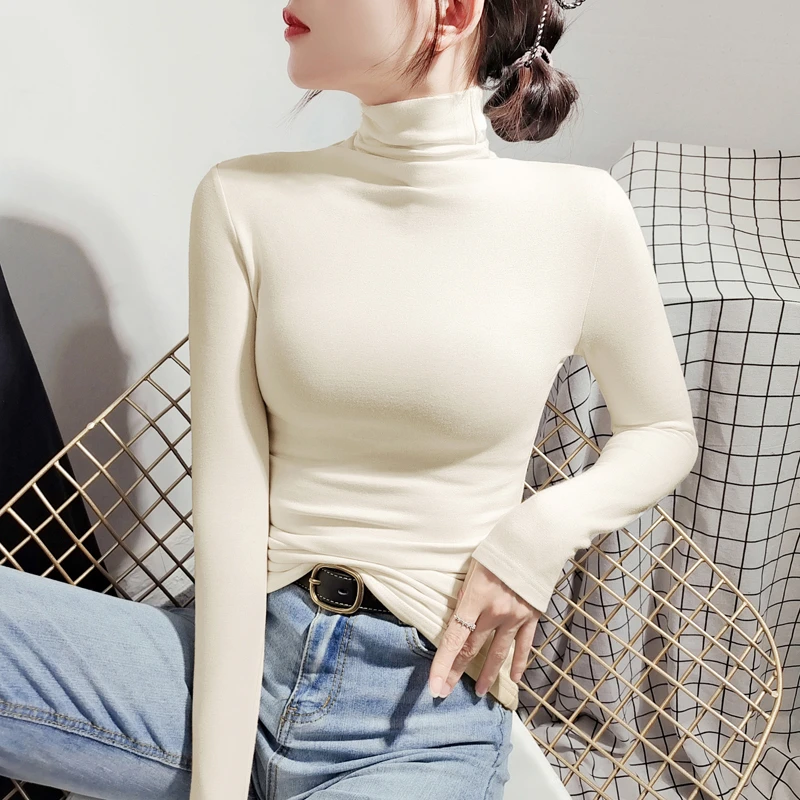 长袖螺纹打底衫女装高领T恤女内搭百搭秋冬修身保暖德绒紧身上衣