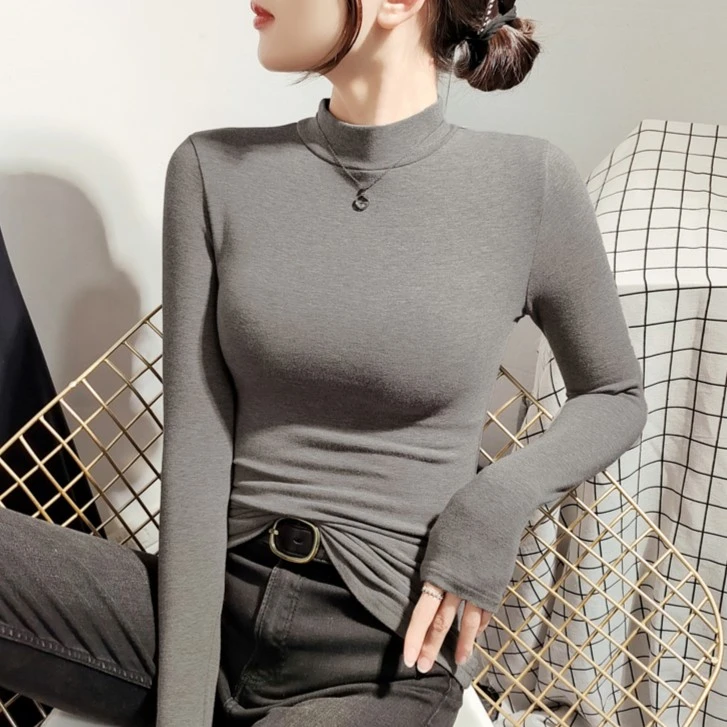 秋冬季长袖保暖打底衫德绒半高领T恤女加绒加厚修身女装显瘦上衣