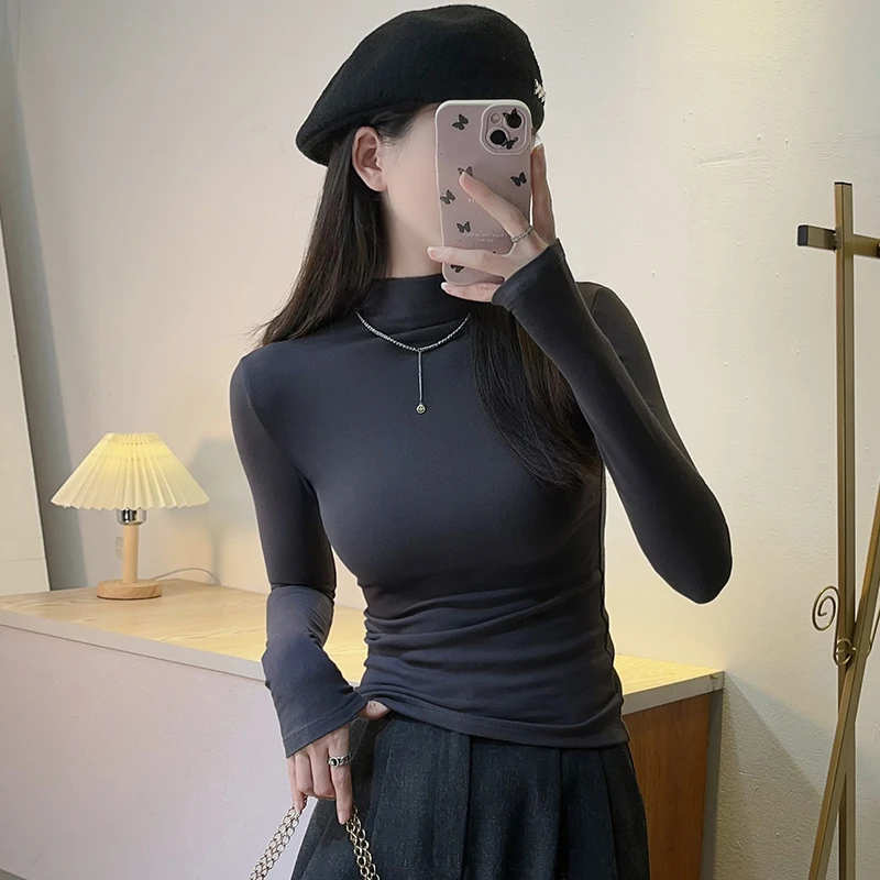 黑色半高领打底衫女内搭春秋冬新款洋气长袖修身T恤螺纹中领上衣