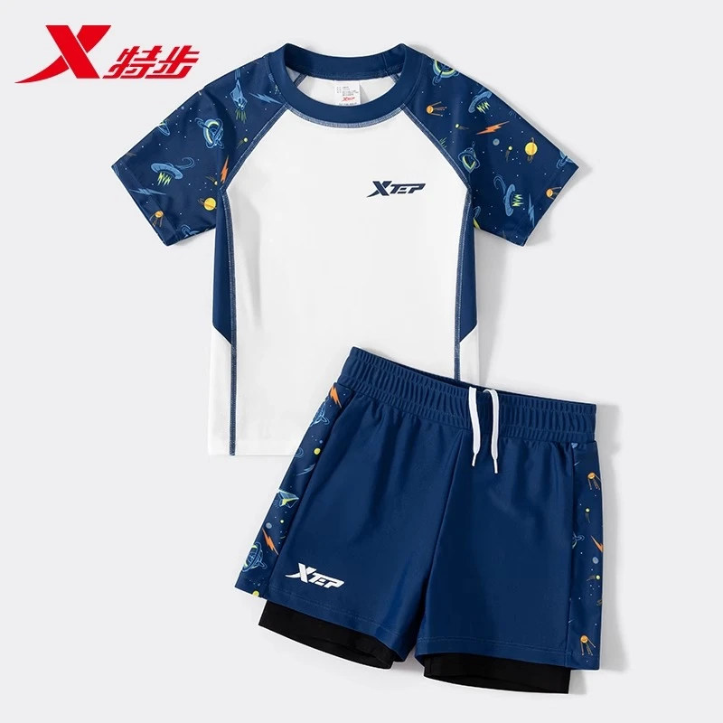 特步儿童泳衣男童中大童分体泳裤男孩2025新款专业温泉游泳衣套装