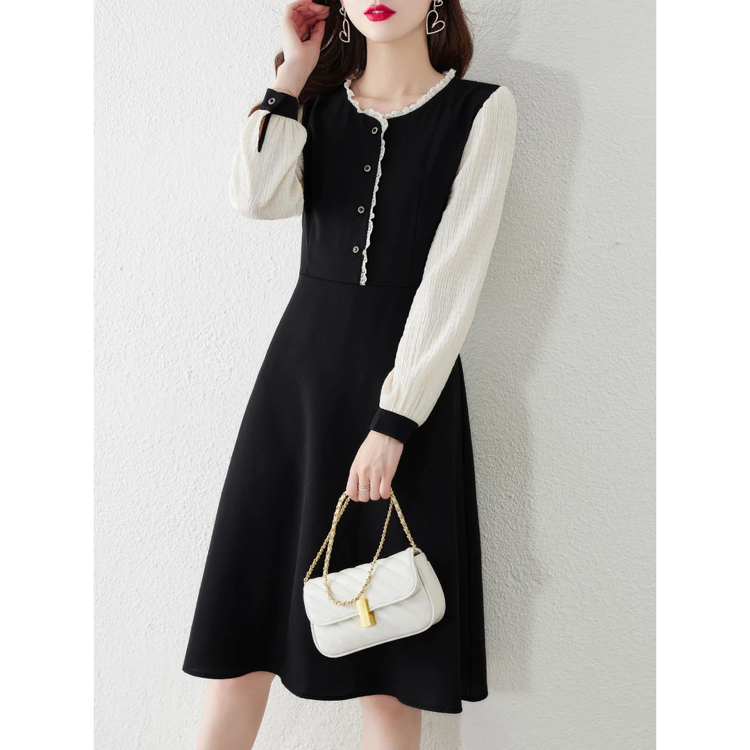 法式赫本风长袖黑色连衣裙女2025春季新款显瘦时尚气质假两件裙子