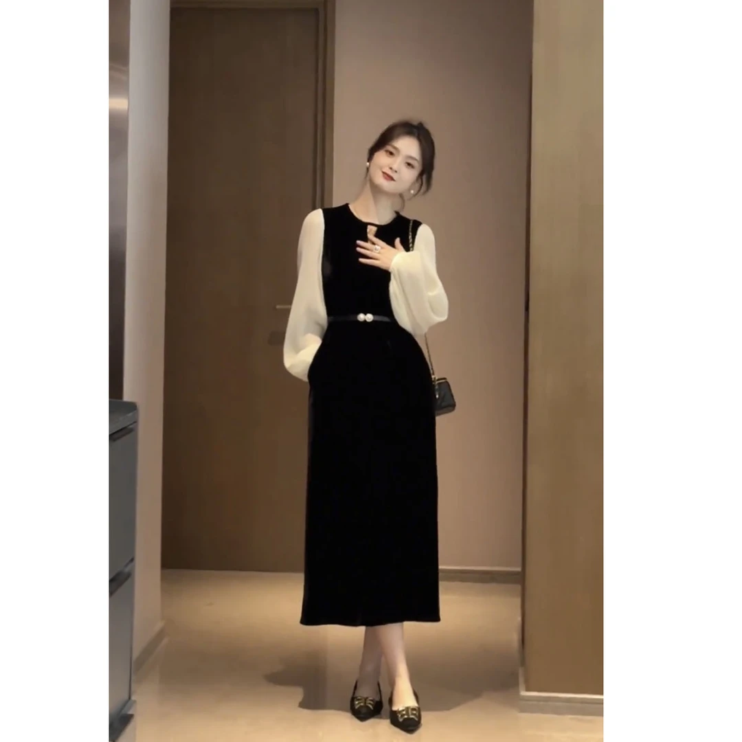 2024秋冬赫本风黑色衬衫拼接连衣裙女小个子高级感收腰显瘦长裙子