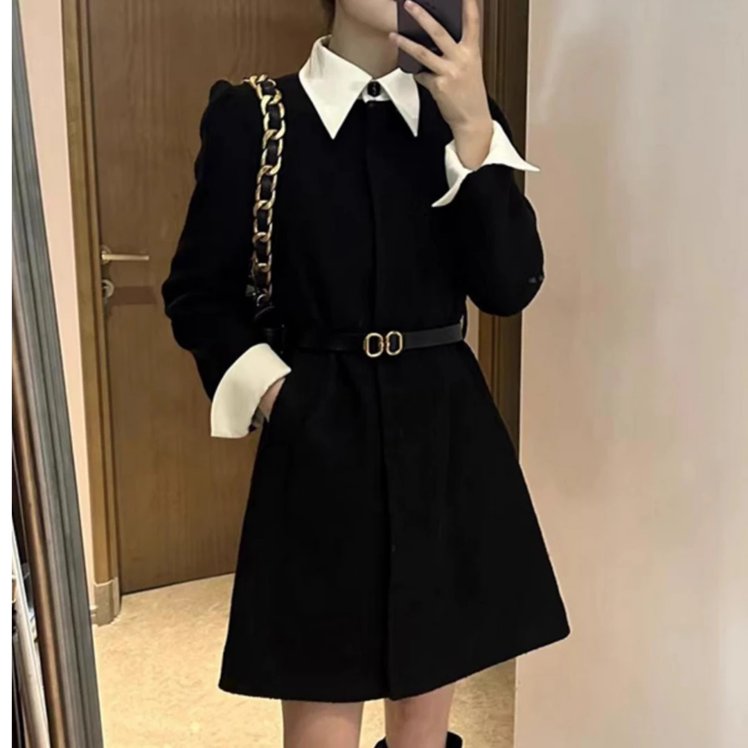 高级感小香风黑色假两件连衣裙女秋装裙子2024秋季新款气质小黑裙