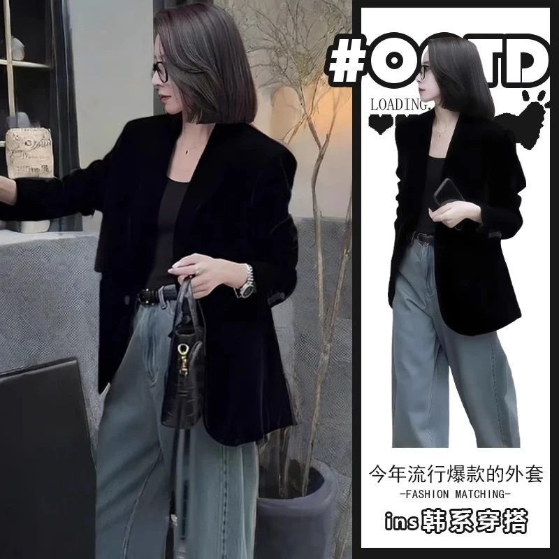 春秋高级感炸街黑色丝绒西装外套女显瘦气质女神范小个子西服上衣