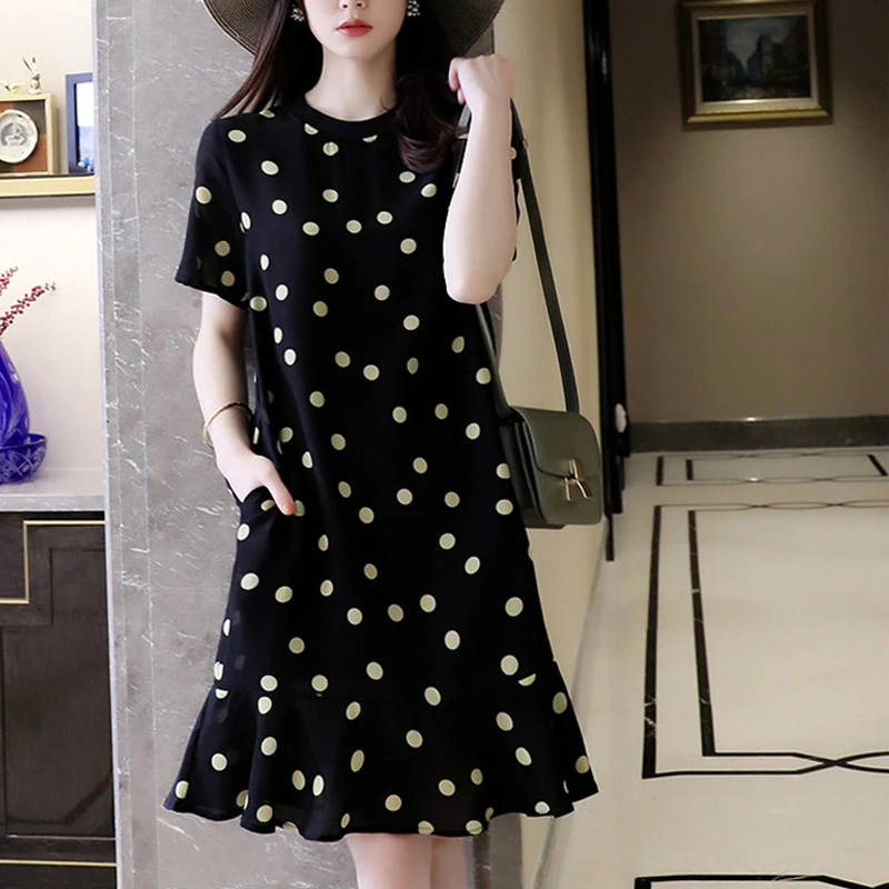法式复古微胖MM夏季新款波点女装连衣裙2025洋气波点黑色鱼尾裙