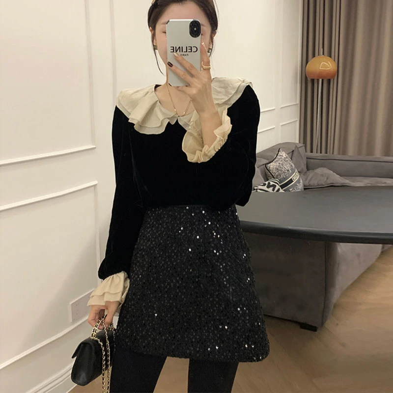 娃娃领荷叶边衬衫女春秋高级设计感小众气质法式别致内搭打底上衣