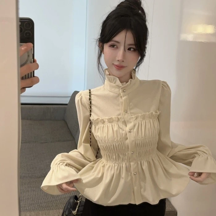 小香风荷叶边泡泡袖雪纺衬衫女秋冬半高领上衣打底衫内搭长袖衬衣