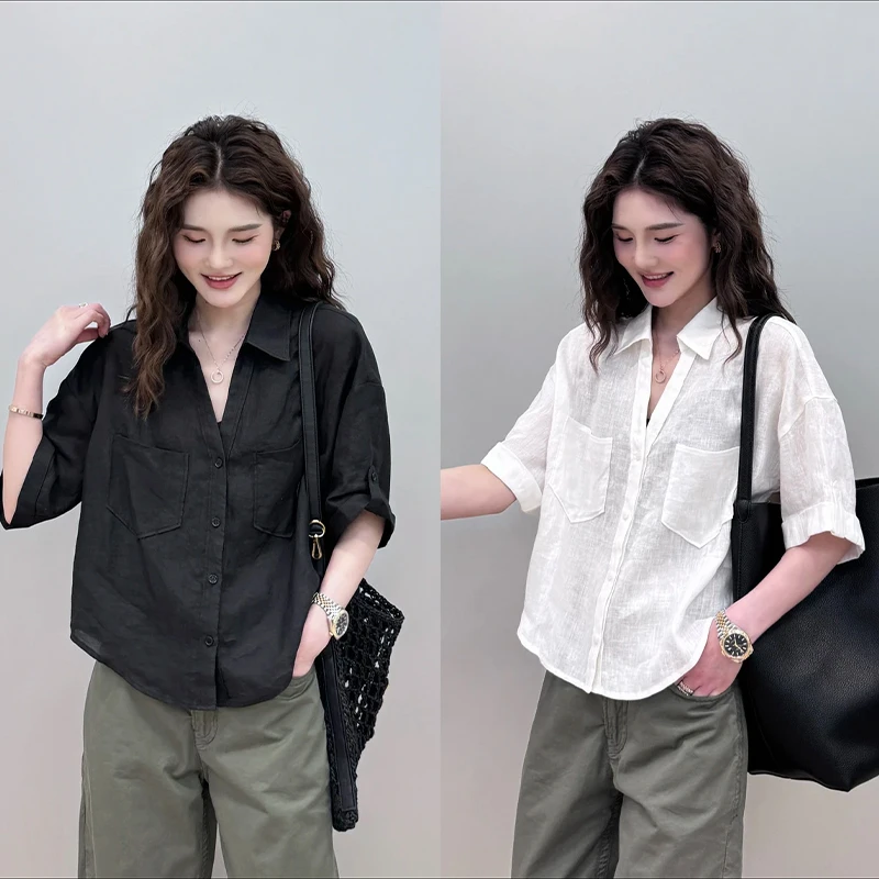 短袖亚麻衬衫女短款2025夏新款韩版时尚宽松休闲百搭小个子衬衣女