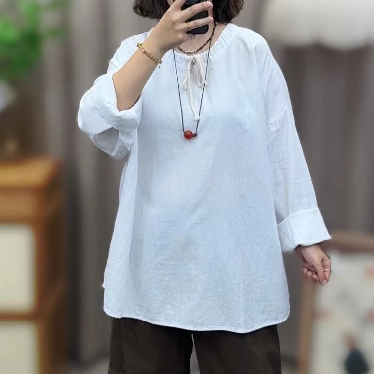 2417抽绳圆领长袖棉纱T恤禅意中式宽松休闲纯色