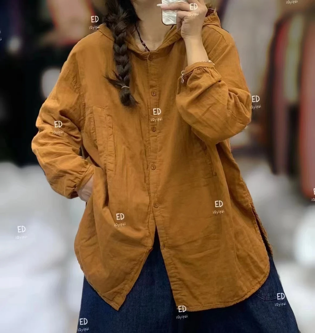 3401连帽长袖衬衫宽松百搭显瘦女上衣