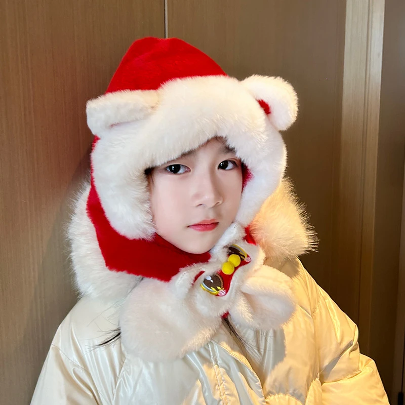 儿童帽子围巾一体帽醒狮男童毛绒护耳帽围脖女宝宝新年圣诞礼物