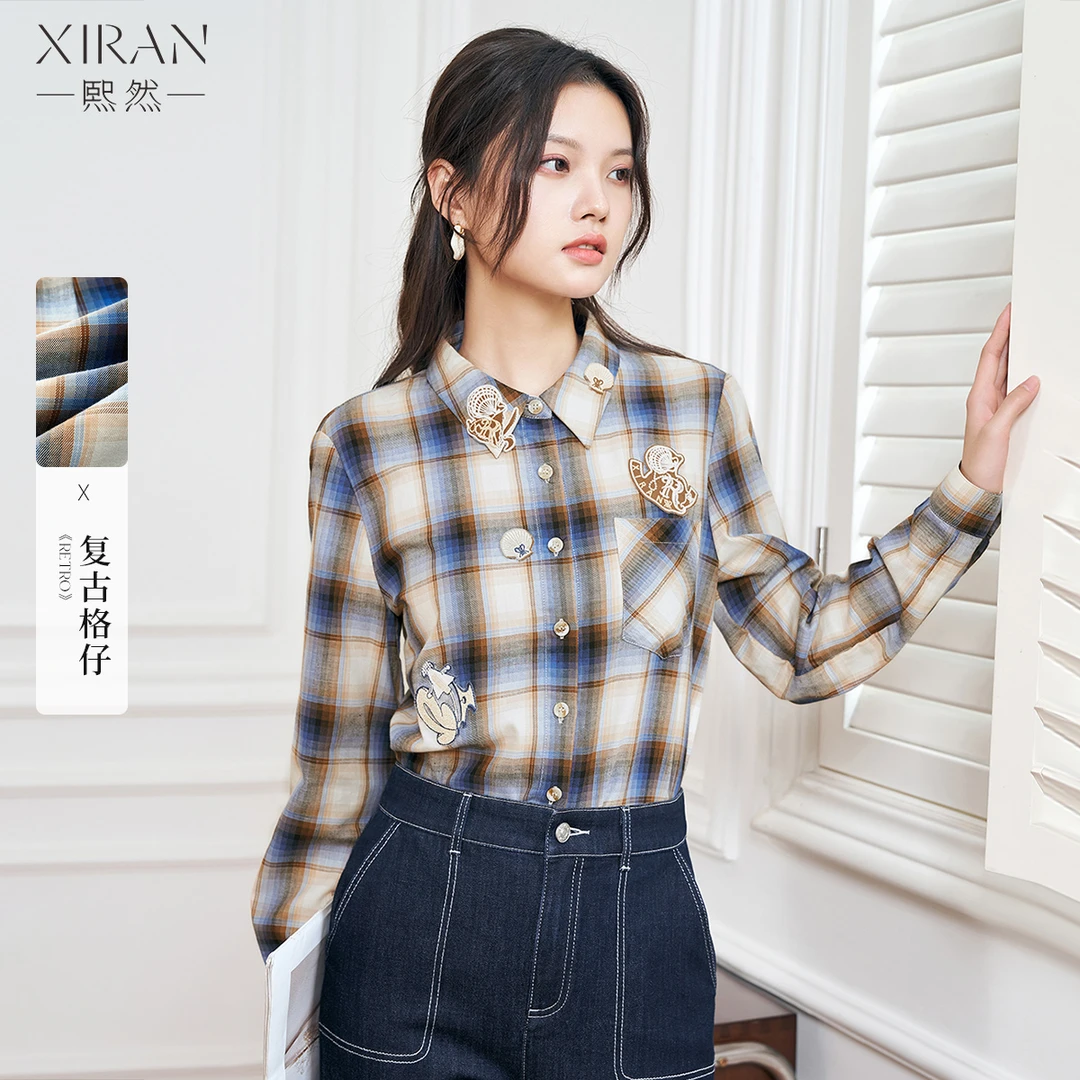 熙然复古小众格纹撞色衬衫女2025春季新款学院风刺绣宽松休闲衬衣