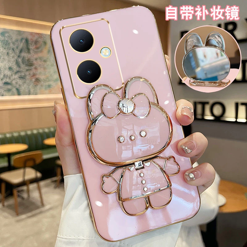 适用vivoY78+手机壳兔子补妆镜支架V2271A全包防摔硅胶套女款网红