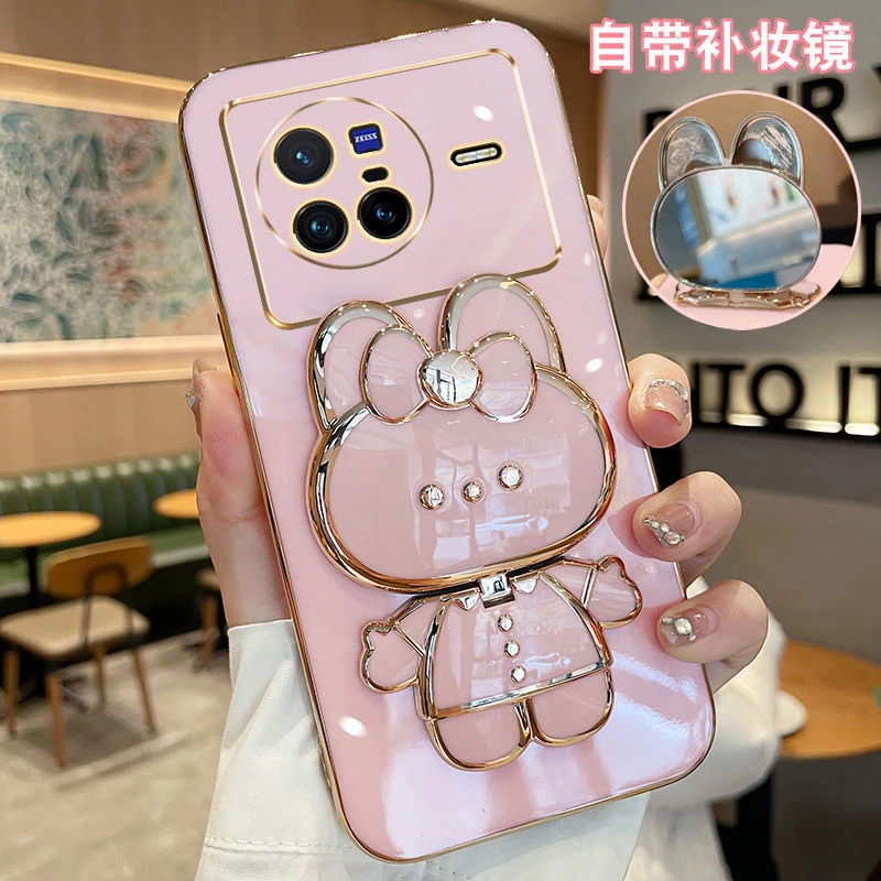 适用vivoX80手机壳兔子补妆镜支架全包防摔硅胶保护套女款网红薄