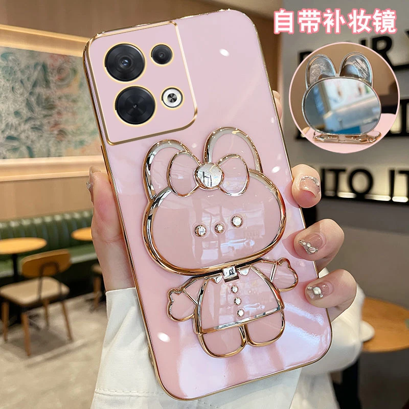 适用OPPOReno8手机壳兔子补妆镜支架PGAM10全包防摔硅胶套女款薄