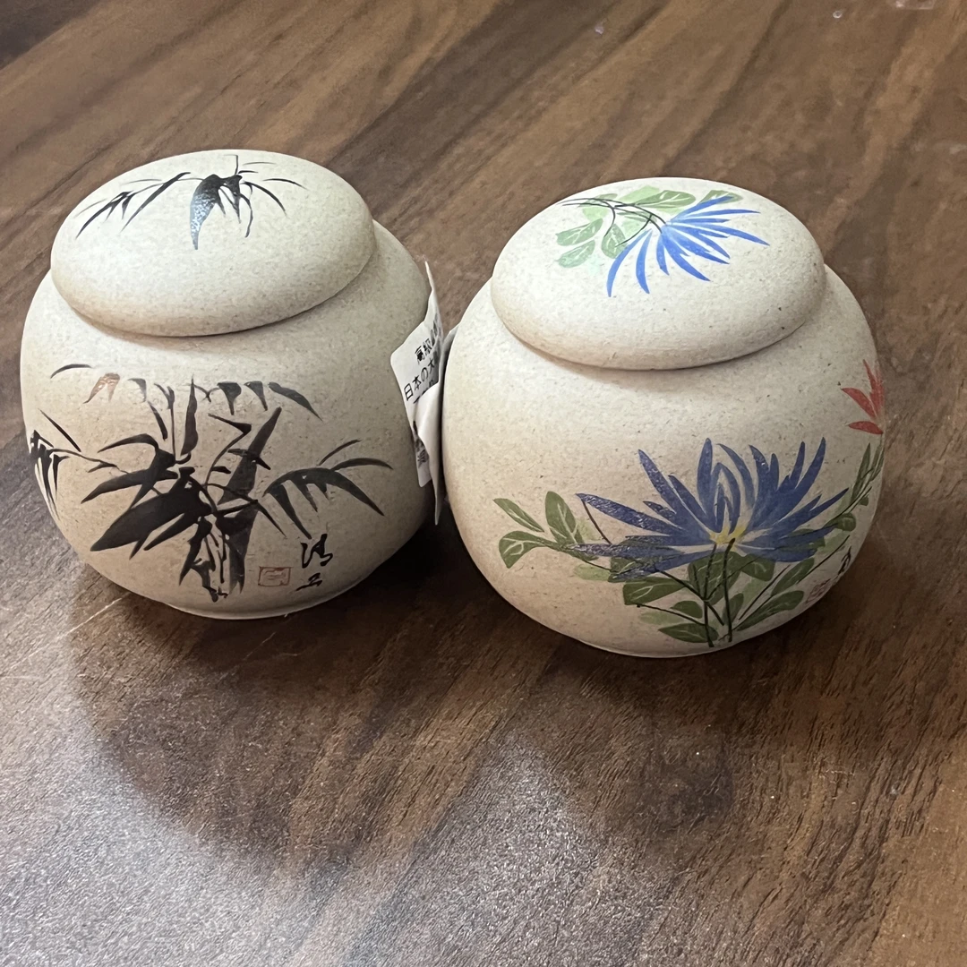 一对粗陶陶制茶叶罐带茶叶复古风储茶罐