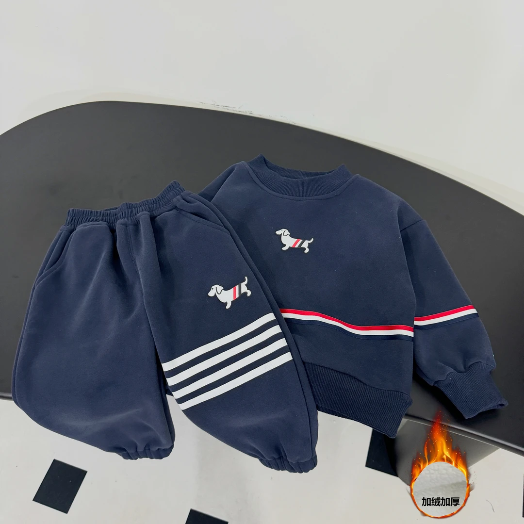 男童加绒卫衣套装秋冬款2024新款男孩运动加厚两件套卡通狗狗款