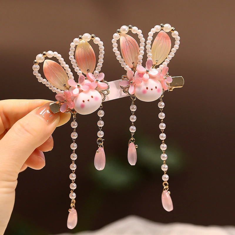 【15】汉服发饰串珠珍珠兔子耳朵国风新中式儿童发夹古风流苏头饰