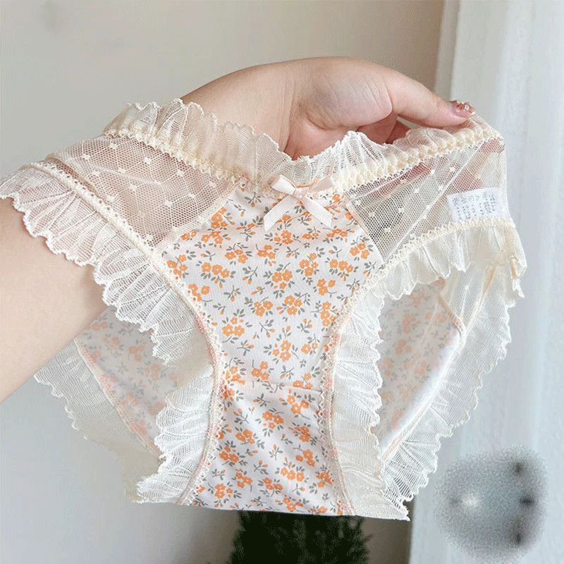 田园风少女拼接蕾丝网纱无痕透气抗菌裆薄款舒适大码中腰三角内裤