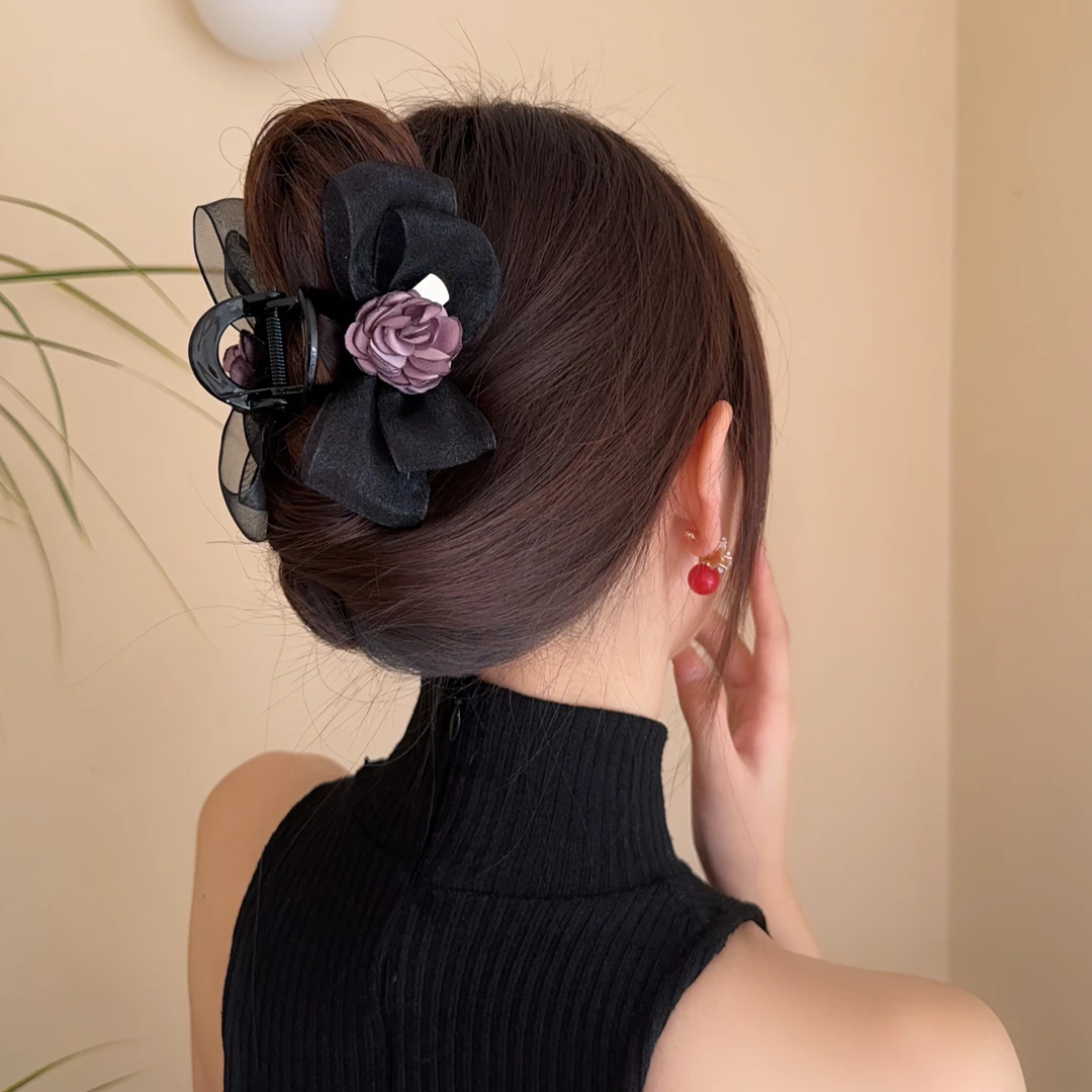 气质优雅网纱玫瑰抓夹女2024新款高端半扎发夹后脑勺盘发鲨鱼夹子