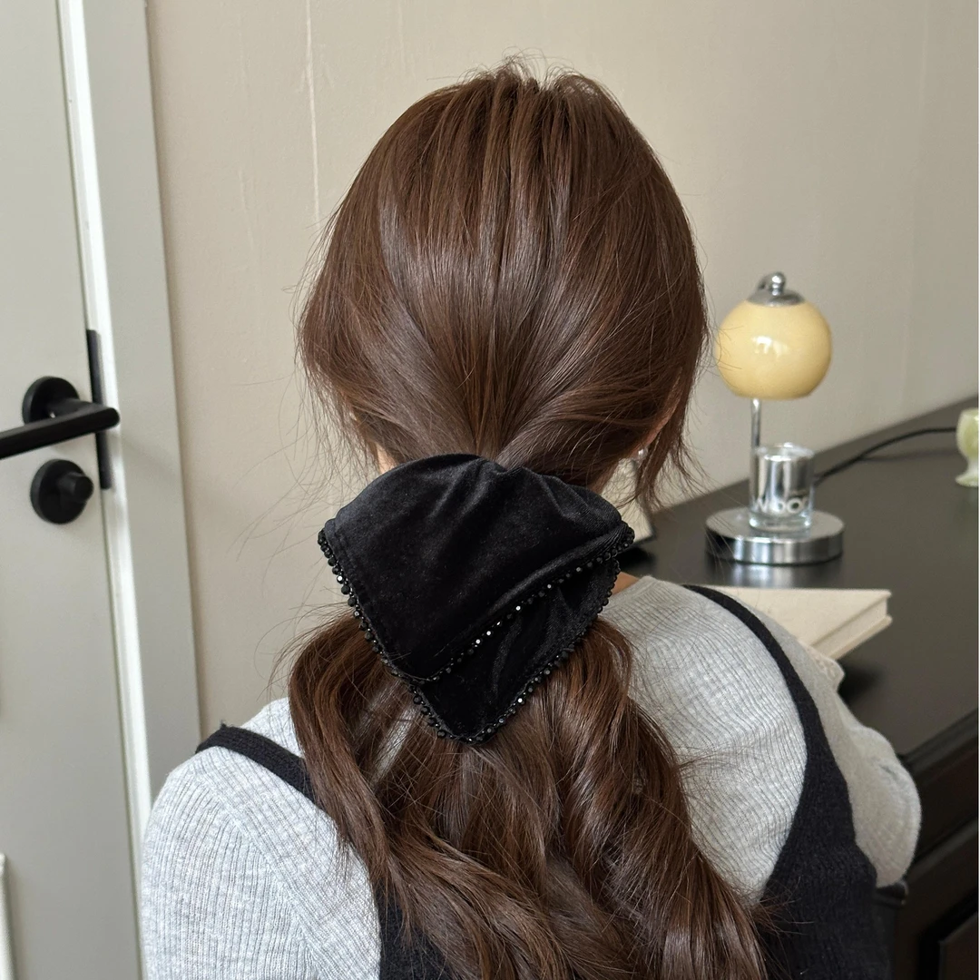 2024新款金丝绒烫钻秋冬复古发圈法式头饰温柔气质盘发方巾头花