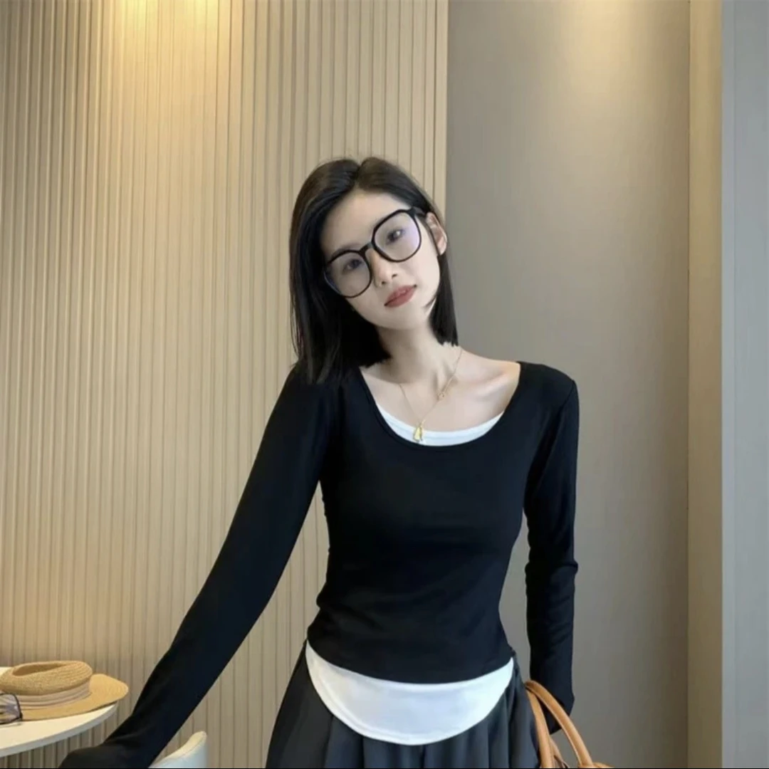 2024双11秋新款打底衫显瘦长袖百搭T恤保暖上衣T恤秋季遮肉两件套