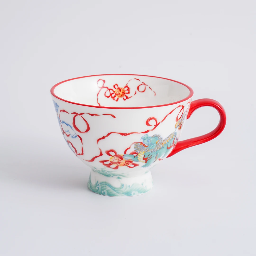 【一杯美好】《狮子滚绣球》450ml早餐杯高温瓷釉中 礼盒装