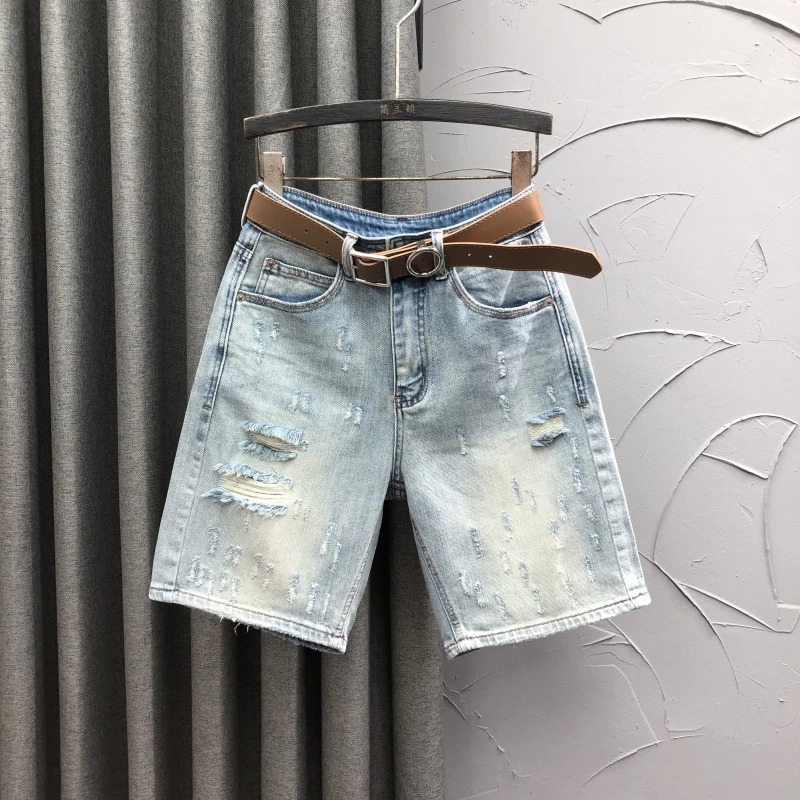 高腰破洞五分牛仔短裤女夏季时尚宽松休闲弹力复古直筒阔腿中裤潮