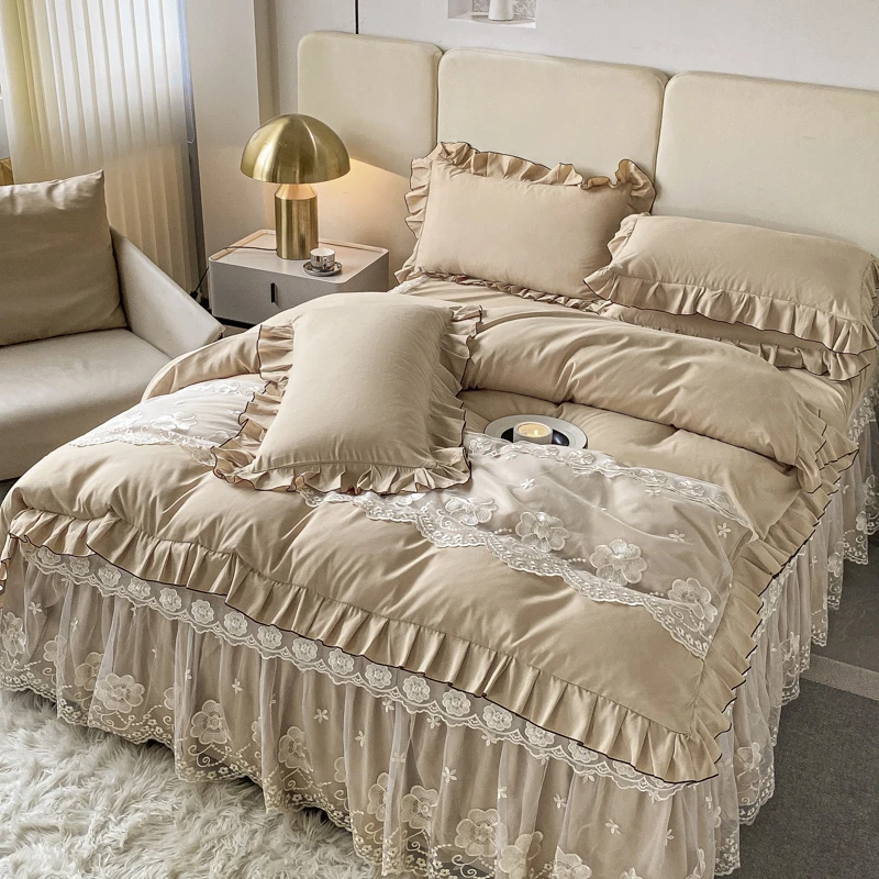 四季款韩版磨毛蕾丝花边床裙床单四件套公主风网红床上用品三件套