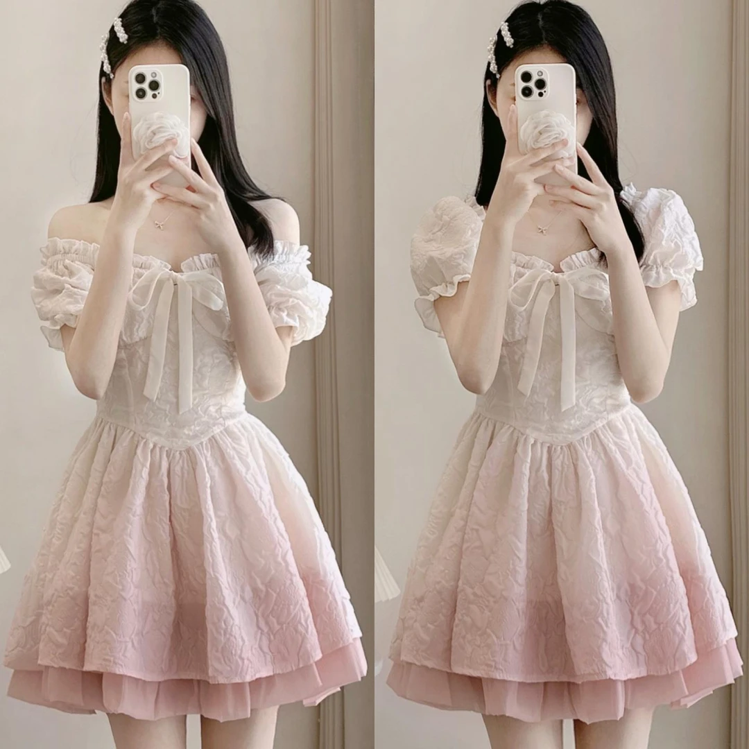 甜美渐变粉公主蓬蓬连衣裙夏季法式小个子收腰显瘦纯欲超仙女裙子