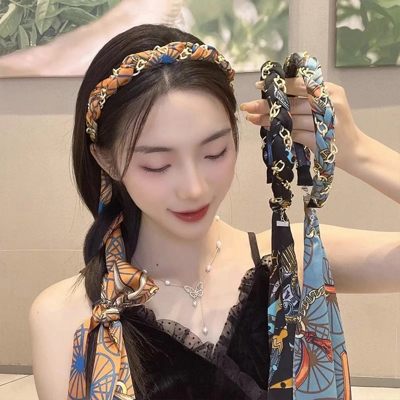 非金属布艺发饰 发箍发带一体系带女夏天网红头箍复丝巾扎头绳