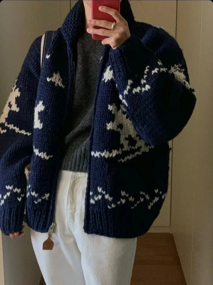 100羊毛重磅加厚升级版 Danniel自制 蓝黑色滑雪手工毛衣外套